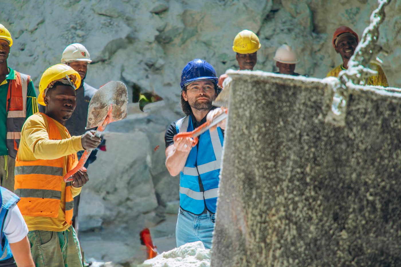 Breaking a stone block with the mining crew